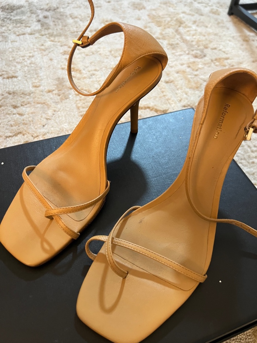 Reformation Tan Strappy Square-Toe Stiletto Sandals
